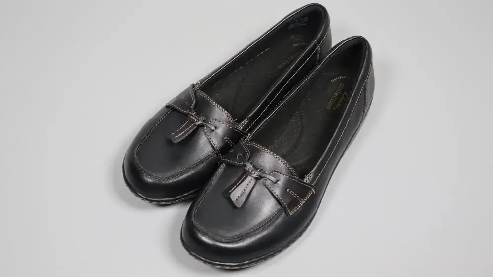 Clarks Women's Ashland Bubble Slip On Loafers Black Leather Shoes Size 10 Wide